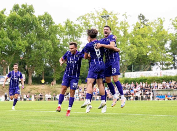 Soccer, Men s, 2026–2027 Season, Northeast Regional League, Matchday 2, SV Tasmania Berlin vs. FC Erzgebirge Aue; from left: Simon Skarlatidis (Aue), Patrick Kapp (Aue), Nils Lihsek (Aue), Stylianos Kokovas (Aue); celebration after the 0–1 goal, July 31, 2026, Copyright: xSebastianxRäppold MatthiasxKochx