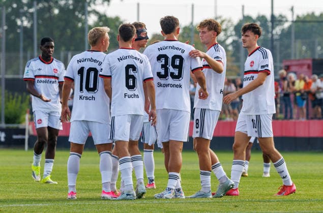 July 31, 2026 Soccer Season 2026–2027 Bavarian Regional League Matchday 2 1 FC Nuremberg FCN II vs. SpVgg Unterhaching Women s Team xdaxmax Cheering, Joy, Goal Celebration after the 1–0 Goal by Joel Skowronek 39, 1 FC Nuremberg FCN II and the team celebrate; goal scorer Joel Skowronek 39, 1 FC Nuremberg FCN II