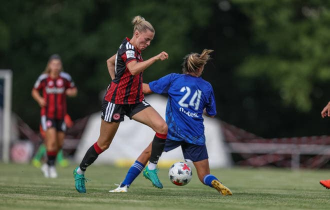 GER, Bad Nauheim, Eintracht Frankfurt vs. Racing Strasbourg, Preseason, Soccer, DFB, 2026–2027 Season, Bad Nauheim Sports Field, Friendly Match Photo: Laura Freigang, Eintracht Frankfurt Women’s Team 10. DFB and DFL regulations prohibit any use of photographs as image sequences and or quasi-video. July 31, 2026 Copyright: HMBxMedia HendrikxHamelau