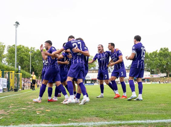 Soccer, Men s, 2026–2027 Season, Northeast Regional League, Matchday 2, SV Tasmania Berlin vs. FC Erzgebirge Aue; from left: Simon Skarlatidis (Aue), Stylianos Kokovas (Aue), Patrick Kapp (Aue), Tim Maciejewski (Aue), Nils Lihsek (Aue), Devin Angleberger (Aue), Bastian Strietzel (Aue), Marcel Bär (Aue), Celebration after the 0–1 goal, July 31, 2026, Copyright: xSebastianxRäppold MatthiasxKochx