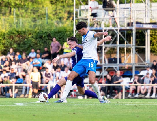 Soccer, Men s, 2026–2027 Season, Regionalliga Nordost, Matchday 2, SV Tasmania Berlin vs. FC Erzgebirge Aue, from left: Marcel Bär (Aue), Fatih Baca (Tasmania), July 31, 2026, Copyright: xSebastianxRäppold MatthiasxKochx