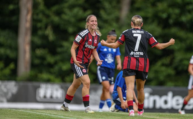 GER, Bad Nauheim, Eintracht Frankfurt vs. Racing Strasbourg, Preseason, Soccer, DFB, 2026–2027 Season, Bad Nauheim Sports Field, Friendly Match: Photo by Danique Tolhoek—Eintracht Frankfurt Women’s U-22 scores the 1–0 goal, Celebration, joy, and emotion. DFB and DFL regulations prohibit any use of photographs as image sequences and or quasi-video. July 31, 2026 Copyright: HMBxMedia HendrikxHamelau