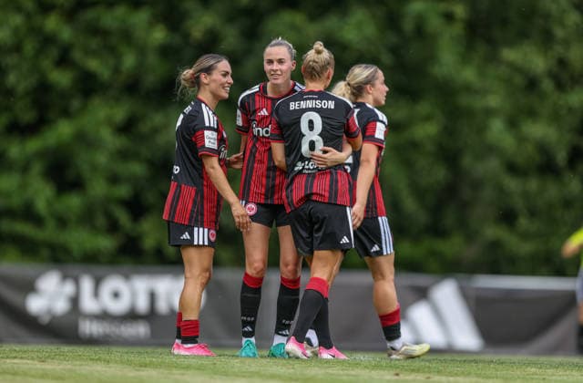 GER, Bad Nauheim, Eintracht Frankfurt vs. Racing Strasbourg, Preseason, Soccer, DFB, 2026–2027 Season, Bad Nauheim Sports Field, Friendly Match: Photo by Danique Tolhoek—Eintracht Frankfurt Women’s Team 22 scores the 1–0 goal, Celebration, joy, and emotion; Laura Freigang, Eintracht Frankfurt Women’s Team No. 10. DFB and DFL regulations prohibit any use of photographs as image sequences and or quasi-video. July 31, 2026 Copyright: HMBxMedia HendrikxHamelau
