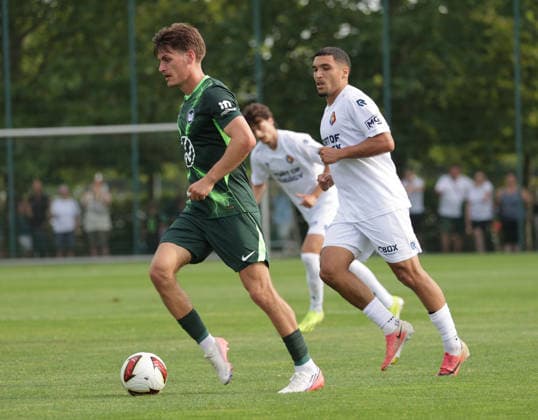 Joakim Maehle (VfL Wolfsburg) vs. Nils Rossen (SC Telstar) – Soccer, Men s, 2026–2027 Season, 2nd Division, VfL Wolfsburg vs. SC Telstar, Friendly Match, Preseason, 3–1. DFL regulations prohibit any use of photographs as image sequences and or quasi-video.
