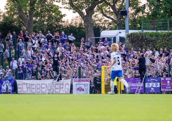 Soccer, Men s, 2026–2027 Season, Regionalliga Nordost, Matchday 2, SV Tasmania Berlin vs. FC Erzgebirge Aue, Aue fans in the visitors section, July 31, 2026, Copyright: xSebastianxRäppold MatthiasxKochx