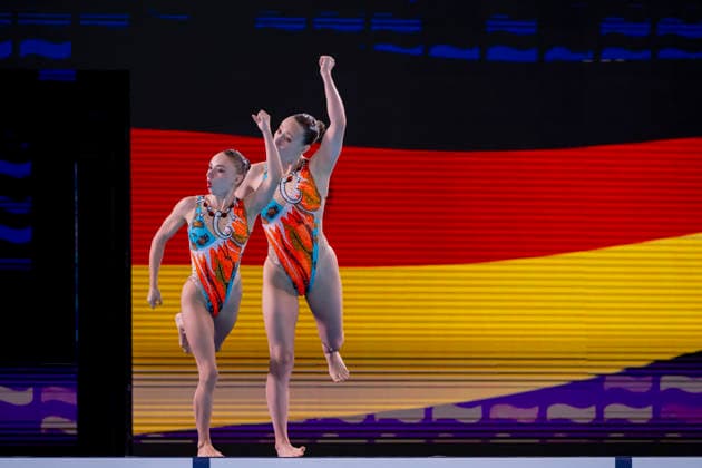 France, Paris, Centre Aquatique Olympique Metropole du Grand Paris, July 31, 2026, European Junior Aquatics Championships – Swimming, Day 1, Mixed Team Event Final, Klara Bleyer and Maria Denisov of Germany. Photo by Eibner Pressefoto Tino Henschel. European Aquatics Junior Championships – Swimming, Day 1, Mixed Team Event Final, Paris Copyright: xEibnerxPressefotox