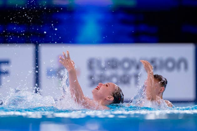 France, Paris, Centre Aquatique Olympique Metropole du Grand Paris, July 31, 2026, European Junior Aquatics Championships – Swimming, Day 1, Mixed Team Event Final, Klara Bleyer and Maria Denisov of Germany. Photo by Eibner Pressefoto Tino Henschel. European Aquatics Junior Championships – Swimming, Day 1, Mixed Team Event Final, Paris Copyright: xEibnerxPressefotox