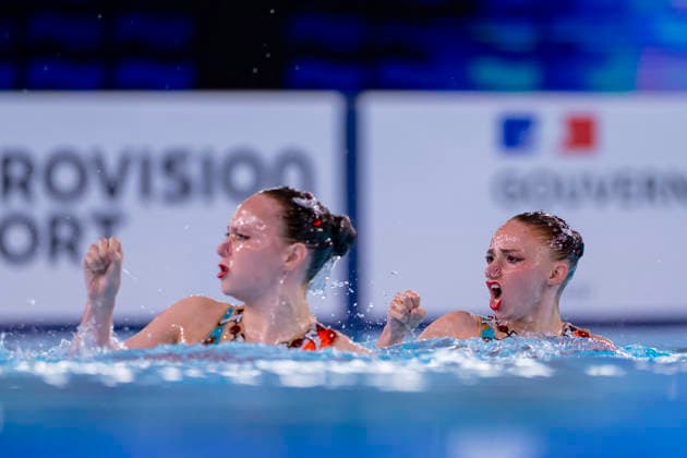 France, Paris, Centre Aquatique Olympique Metropole du Grand Paris, July 31, 2026, European Junior Aquatics Championships – Swimming, Day 1, Mixed Team Event Final, Klara Bleyer and Maria Denisov of Germany. Photo by Eibner Pressefoto Tino Henschel. European Aquatics Junior Championships – Swimming, Day 1, Mixed Team Event Final, Paris Copyright: xEibnerxPressefotox