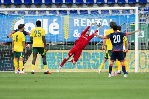 SITTARD , 31-07-2026 , Fortuna Sittard Stadium , pre season 2026 2027 , Dutch Eredivisie , football , friendly match between Fortuna Sittard and Apoel Nicosia , picture shows Fortuna Sittard goalkeeper Mattijs Branderhorst saves Fortuan Sittard - Apoel Nicosia (friendly)  x205354939x Copyright: