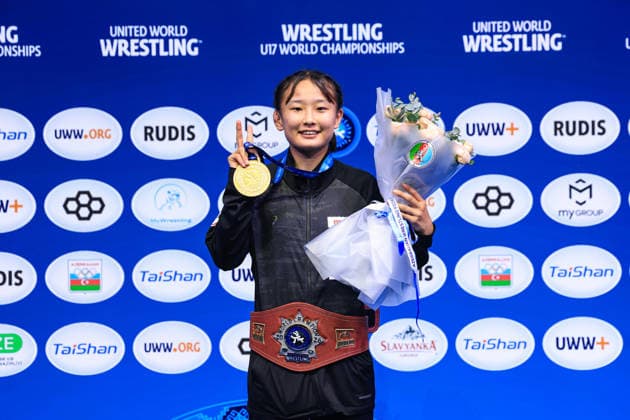 U17 Wrestling World Championships Podium: 46 kg WW Gold – Kokona Makino (JPN) Copyright: xUnitedxWorldxWrestlingx xAmirrezx UWW-U17-WC-BAKU-2026