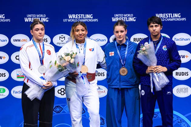 U17 Wrestling World Championships Podium: 69 kg WW – Gold: Taina Rose Fernandez (USA); Silver: Kiymet Rumeysa Tezcan (TUR); Bronze: Nino Samkharadze (GEO); Taniya Taniya (IND) Copyright: xUnitedxWorldxWrestlingx xAmirrezx UWW-U17-WC-BAKU-2026