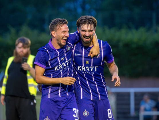 Soccer, Men s, 2026–2027 Season, Northeast Regional League, Matchday 2, SV Tasmania Berlin vs. FC Erzgebirge Aue, from left: Simon Skarlatidis (Aue), Nils Lihsek (Aue), celebration after the final whistle, July 31, 2026, Copyright: xSebastianxRäppold MatthiasxKochx