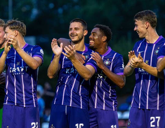 Soccer, Men s, 2026–2027 Season, Northeast Regional League, Matchday 2, SV Tasmania Berlin vs. FC Erzgebirge Aue, from left: Willi Kamm (Aue), Patrick Kapp (Aue), Aurel Loubongo M. Boungou (Aue), Tim Maciejewski (Aue), celebration after the final whistle, July 31, 2026, Copyright: xSebastianxRäppold MatthiasxKochx