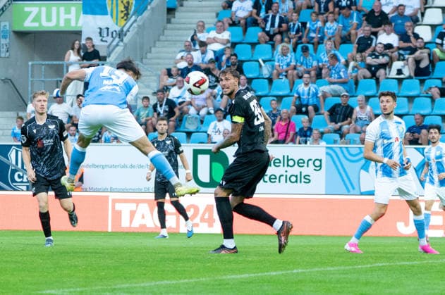 Chemnitz, Germany, July 31, 2026; Northeast Regional League 2026–2027, Matchday 2: Chemnitzer FC vs. BFC Preussen. Pictured: Jonas Marx (CFC 1, first from left) scores the goal to make it 1–0. Copyright: xFotostandx xNachtigallx