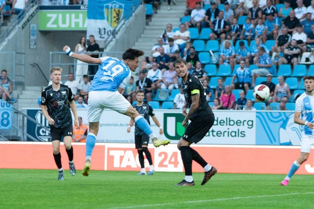 Chemnitz, Germany, July 31, 2026; Northeast Regional League 2026–2027, Matchday 2: Chemnitzer FC vs. BFC Preussen. Pictured: Jonas Marx (CFC 1, first from left) scores the goal to make it 1–0. Copyright: xFotostandx xNachtigallx