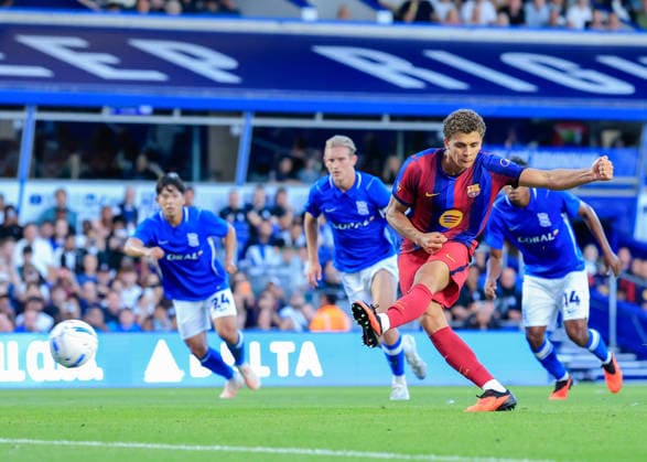 Birmingham, England, 31st July 2026. Hamza Abdelkarim of FC Barcelona, Barca scores their sides first goal during the Birmingham City vs FC Barcelona Pre Season Friendly match at St Andrews, Birmingham. Picture credit should read: Cody Froggatt Sportimage EDITORIAL USE ONLY. No use with unauthorised audio, video, data, fixture lists, club league logos or live services. Online in-match use limited to 120 images, no video emulation. No use in betting, games or single club league player publications. SPI_019_CF_BIRMINGHAM_V_BARCA SPI-4887-0018