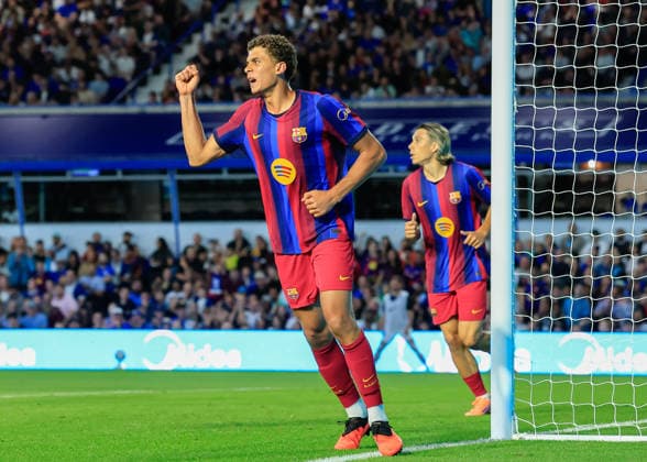 Birmingham, England, 31st July 2026. Hamza Abdelkarim of FC Barcelona, Barca celebrates scoring their sides second goal during the Birmingham City vs FC Barcelona Pre Season Friendly match at St Andrews, Birmingham. Picture credit should read: Cody Froggatt Sportimage EDITORIAL USE ONLY. No use with unauthorised audio, video, data, fixture lists, club league logos or live services. Online in-match use limited to 120 images, no video emulation. No use in betting, games or single club league player publications. SPI_023_CF_BIRMINGHAM_V_BARCA SPI-4887-0022
