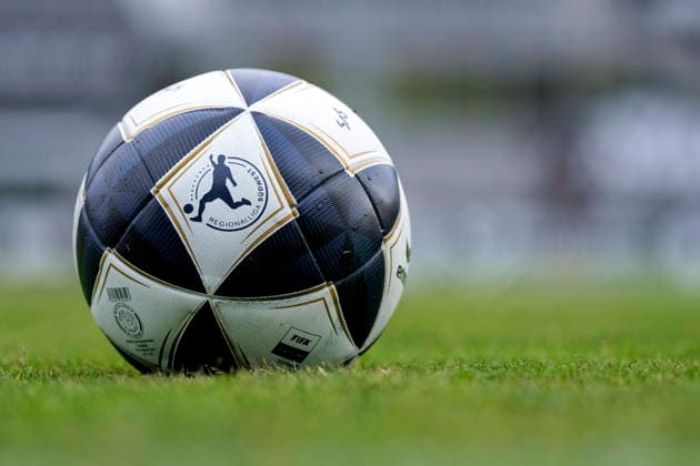 An Erima Senzor Star Match ball from the Regionalliga Südwest lies on the field, displaying the league logo; league logo, official match ball, symbolic photo, symbolic image, symbol, cropped image, single image, single photo, July 31, 2026, Sandhausen, Germany, soccer, bfv Association Cup, 3rd round, SV Sandhausen vs. TSG 1862 09 Weinheim xozx