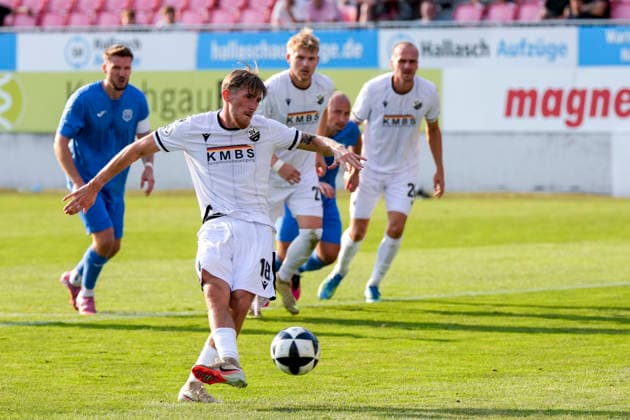 Goal scorer Tim Korzuschek (SVS), 18, a player for SV Sandhausen (SVS), scores the 1-0 goal on a penalty kick; goal, scoring, highlight, action, play, match scene, July 31, 2026, Sandhausen, Germany, soccer, bfv Association Cup, 3rd round, SV Sandhausen vs. TSG 1862 09 Weinheim xozx