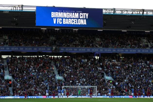 The big screen shows the fixture of Birmingham City v Barcelona Brimingham City v FC Barcelona, Barca Pre Season Friendly, Football, St Andrew s at Knighthead Park, Birmingham, UK - 31 Jul 2026Birmingham St Andrew s at Knighthead Park United Kingdom EDITORIAL USE ONLY No use with unauthorised audio, video, data, fixture lists, club league logos or live services. Online in-match use limited to 120 images, no video emulation. No use in betting, games or single club league player publications. Copyright: xKieranxMcManus Shutterstockx 17024229aw