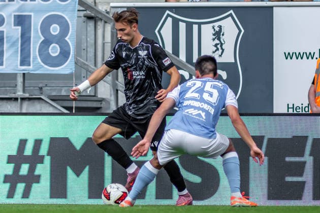 Chemnitz, Germany, July 31, 2026; Northeast Regional League 2026–2027, Matchday 2: Chemnitzer FC vs. BFC Preussen. Pictured, from left, in a tackle: Luca Butkovic (BFC) and Roman Eppendorfer (CFC) Copyright: xFotostandx xNachtigallx