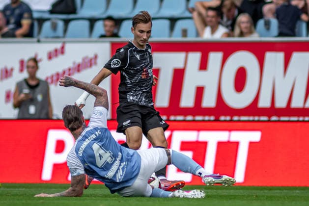 Chemnitz, Germany, July 31, 2026; Northeast Regional League 2026–2027, Matchday 2: Chemnitzer FC vs. BFC Preussen. Pictured, from left, in a tackle: Jan Löhmannsröben (CFC) and Luca Butkovic (BFC). Copyright: xFotostandx xNachtigallx