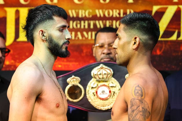 July 31, 2026: (L-R) Welterweights Joel Iriarte and Jorge Lagunas face-off on stage during weigh-ins for the Roach Jr. vs Zepeda event at the Skybox Lounge inside the Virgin Hotels on July 31, 2026 in Las Vegas, NV. CSM. Las Vegas United States of America - ZUMAc04_ 20260731_zma_c04_218 Copyright: xChristopherxTrimx