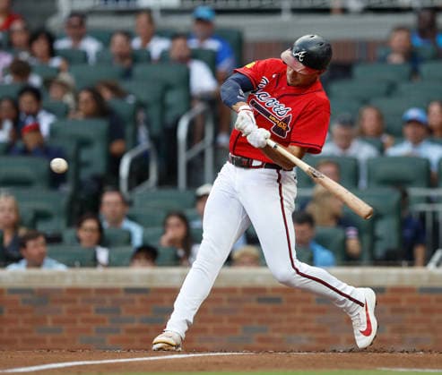 First baseman Matt Olson 28 of the Atlanta Braves hits a solo home run in the first inning against the Washington Nationals at Truist Park on Friday, July 31, 2026 in Atlanta, Georgia.  ATL20260731104 MikexZarrilli