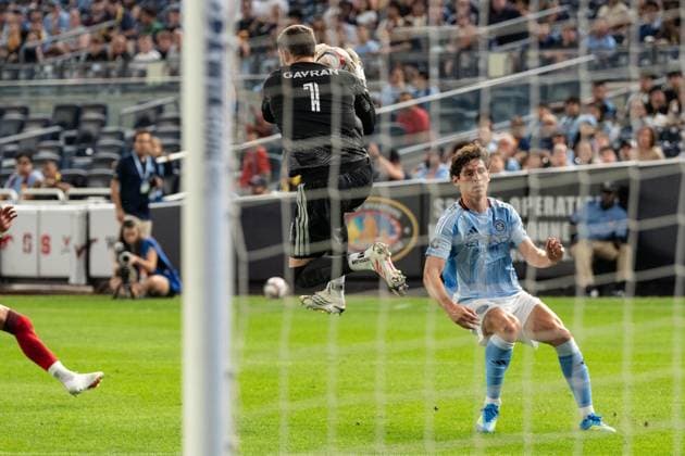 July 31, 2026, Bronx, New York, USA: Goalkeeper Luka Gavran (1) of Toronto FC saves during Regular Season game between NYCFC and Toronto FC at Yankee stadium in New York, NY on July 31, 2026. Game ended in draw 1 - 1. Bronx USA - ZUMAr339 20260731_znp_r339_051 Copyright: xLevxRadinx