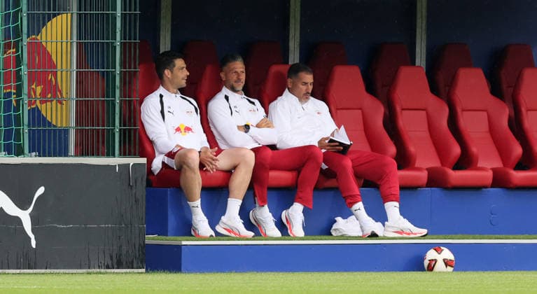 RB Leipzig vs. Verl Friendly Match, Leipzig, August 1, 2026, Red Bull Campus, Soccer, Friendly Match, RB Leipzig vs. SC Verl, Pictured from left: Assistant Coach Thomas Stefan Buck (RB Leipzig), Head Coach Martin Demichelis (RB Leipzig), Assistant Coach Cristian Fiel (RB Leipzig), For editorial use only, Picture Point