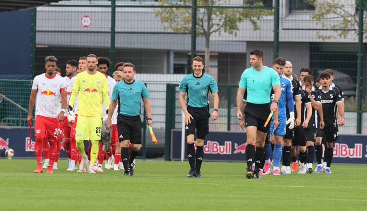 RB Leipzig vs. SC Verl Friendly Match, Leipzig, August 1, 2026, Red Bull Campus, Soccer, Friendly Match, RB Leipzig vs. SC Verl, Pictured: Teams entering the field and being welcomed, For editorial use only, Picture Point