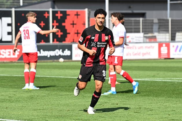 Ibrahim MAZA LEV scores the goal to make it 1–0; celebration, cheering, joy, cheers, Soccer 1st Bundesliga, friendly match, Bayer Leverkusen (LEV) vs. Rot-Weiss Essen on August 1, 2026, in Leverkusen, Germany. DFL regulations prohibit any use of photographs as image sequences and or quasi-video.