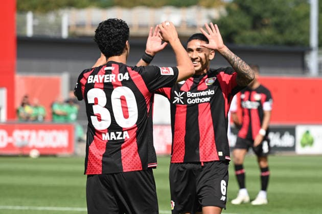Ibrahim MAZA LEV Celebrating, cheering, joy, cheers, after his goal to make it 1–0 with Ezequiel FERNANDEZ LEV Soccer 1 Bundesliga, Testspiel, testmatch, friendly match, Freundschaftsspiel, Bayer Leverkusen LEV vs. Rot Weiss Essen on August 1, 2026, in Leverkusen, Germany. DFL regulations prohibit any use of photographs as image sequences and or quasi-video.