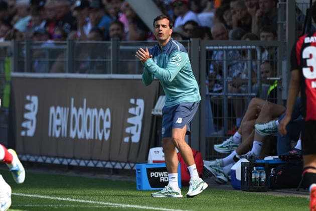 Coach Carles MARTINEZ LEV Gestures, gesturing, Soccer 1st Bundesliga, Test Match, Test Match, Friendly Match, Bayer Leverkusen LEV vs. Rot-Weiss Essen on August 1, 2026, in Leverkusen, Germany. DFL regulations prohibit any use of photographs as image sequences and or quasi-video.