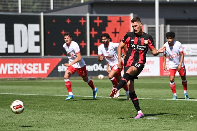Patrik SCHICK (LEV) scores the goal to make it 2–0 on a penalty kick, Soccer, Bundesliga 1, Friendly Match, Bayer Leverkusen (LEV) vs. Rot-Weiss Essen on August 1, 2026, in Leverkusen, Germany. DFL regulations prohibit any use of photographs as image sequences and or quasi-video.