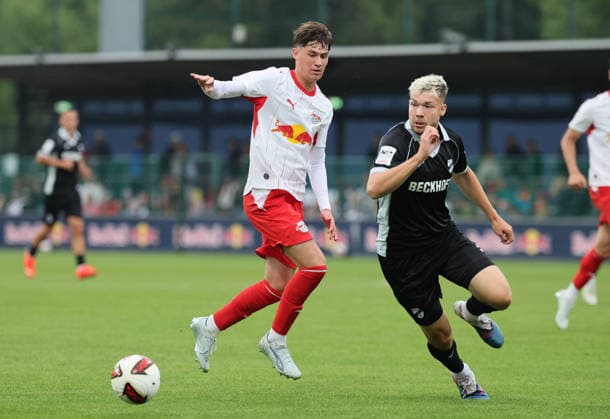 RB Leipzig vs. Verl Friendly Match, Leipzig, August 1, 2026, Red Bull Campus, Soccer, Friendly Match, RB Leipzig vs. SC Verl, Pictured from left: Andrija Maksimovic 30, RB Leipzig, Paul Lehmann 14, Verl, For editorial use only, Picture Point