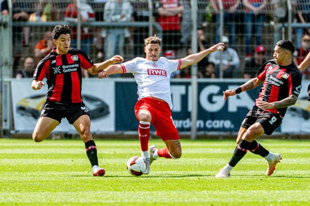 Friendly Match: Bayer 04 Leverkusen vs. Rot Weiss Essen, August 1, 2026, Ulrich Haberland Stadium, Leverkusen; Ibrahim Maza (Bayer 04 Leverkusen) 30, Ezequiel Fernandez (Bayer 04 Leverkusen) 6; Friendly match: Bayer 04 Leverkusen vs. Rot Weiss Essen, August 1, 2026, Ulrich Haberland Stadium, Leverkusen Copyright: xBEAUTIFULxSPORTS Erlhofx