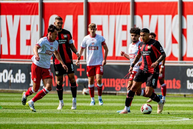 Friendly Match: Bayer 04 Leverkusen vs. Rot Weiss Essen, August 1, 2026, Ulrich Haberland Stadium, Leverkusen Noah Pesch (Rot Weiss Essen) 11, Robert Andrich (Bayer 04 Leverkusen) 8, Ezequiel Fernandez (Bayer 04 Leverkusen) 6, Friendly Match: Bayer 04 Leverkusen vs. Rot Weiss Essen, August 1, 2026, Ulrich Haberland Stadium, Leverkusen Copyright: xBEAUTIFULxSPORTS Erlhofx