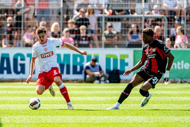Friendly Match: Bayer 04 Leverkusen vs. Rot-Weiss Essen, August 1, 2026, Ulrich Haberland Stadium, Leverkusen; Michael Kostka (Rot Weiss Essen) 2, Ben Hawighorst (Bayer 04 Leverkusen) 29; Friendly match: Bayer 04 Leverkusen vs. Rot Weiss Essen, August 1, 2026, Ulrich Haberland Stadium, Leverkusen Copyright: xBEAUTIFULxSPORTS Erlhofx