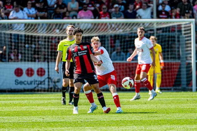 Friendly Match: Bayer 04 Leverkusen vs. Rot-Weiss Essen, August 1, 2026, Ulrich Haberland Stadium, Leverkusen; Ibrahim Maza (Bayer 04 Leverkusen) 30, Gianluca Swajkowski (Rot-Weiss Essen) 39; Friendly match: Bayer 04 Leverkusen vs. Rot-Weiss Essen, August 1, 2026, Ulrich Haberland Stadium, Leverkusen Copyright: xBEAUTIFULxSPORTS Erlhofx