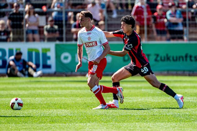 Friendly Match: Bayer 04 Leverkusen vs. Rot Weiss Essen, August 1, 2026, Ulrich Haberland Stadium, Leverkusen; Marvin Obuz (Rot Weiss Essen) 10, Ibrahim Maza (Bayer 04 Leverkusen) 30; Friendly match between Bayer 04 Leverkusen and Rot Weiss Essen, on August 1, 2026, at Ulrich Haberland Stadium, Leverkusen Copyright: xBEAUTIFULxSPORTS Erlhofx