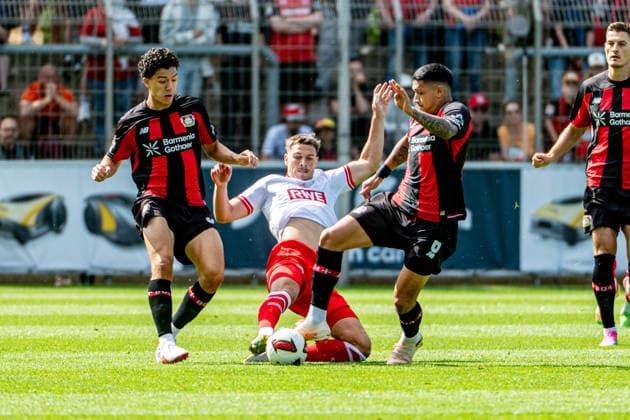 Friendly Match: Bayer 04 Leverkusen vs. Rot Weiss Essen, August 1, 2026, Ulrich Haberland Stadium, Leverkusen; Ibrahim Maza (Bayer 04 Leverkusen) 30, Ezequiel Fernandez (Bayer 04 Leverkusen) 6; Friendly match: Bayer 04 Leverkusen vs. Rot Weiss Essen, August 1, 2026, Ulrich Haberland Stadium, Leverkusen Copyright: xBEAUTIFULxSPORTS Erlhofx