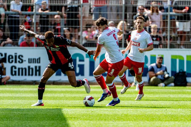 Friendly Match: Bayer 04 Leverkusen vs. Rot-Weiss Essen, August 1, 2026, Ulrich Haberland Stadium, Leverkusen Jeanuel Belocian (Bayer 04 Leverkusen, 44), Jaka Äauber (PotoÄ u008Dnik, Rot Weiss Essen 9, Marvin Obuz, Rot Weiss Essen 10, Friendly Match: Bayer 04 Leverkusen vs. Rot Weiss Essen, August 1, 2026, Ulrich Haberland Stadium, Leverkusen Copyright: xBEAUTIFULxSPORTS Erlhofx
