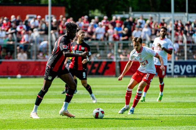Friendly Match: Bayer 04 Leverkusen vs. Rot Weiss Essen, August 1, 2026, Ulrich Haberland Stadium, Leverkusen; Edmond Tapsoba (Bayer 04 Leverkusen) 12, Robert Andrich (Bayer 04 Leverkusen) 8, Noah Pesch (Rot-Weiss Essen) 11; Friendly match: Bayer 04 Leverkusen vs. Rot-Weiss Essen, August 1, 2026, Ulrich Haberland Stadium, Leverkusen Copyright: xBEAUTIFULxSPORTS Erlhofx