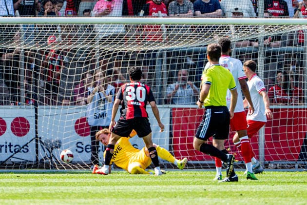 Friendly Match: Bayer 04 Leverkusen vs. Rot-Weiss Essen, August 1, 2026, Ulrich Haberland Stadium, Leverkusen; Ibrahim Maza (Bayer 04 Leverkusen) 30, Jaka Äauber PhotoÄ u008Dnik, Rot Weiss Essen 9; The goal that made it 1–0 in the friendly match between Bayer 04 Leverkusen and Rot Weiss Essen on August 1, 2026, at Ulrich Haberland Stadium, Leverkusen Copyright: xBEAUTIFULxSPORTS Erlhofx