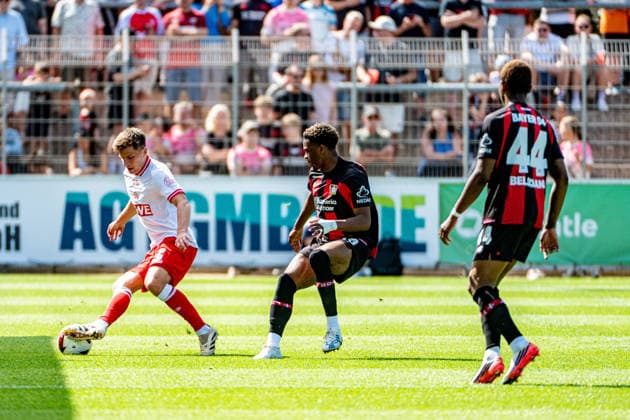 Friendly Match: Bayer 04 Leverkusen vs. Rot Weiss Essen, August 1, 2026, Ulrich Haberland Stadium, Leverkusen; Michael Kostka (Rot-Weiss Essen) 2, Ben Hawighorst (Bayer 04 Leverkusen) 29, Jeanuel Belocian (Bayer 04 Leverkusen) 44; Friendly match: Bayer 04 Leverkusen vs. Rot-Weiss Essen, August 1, 2026, Ulrich Haberland Stadium, Leverkusen Copyright: xBEAUTIFULxSPORTS Erlhofx