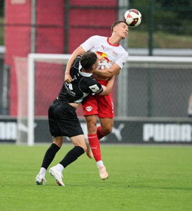RB Leipzig vs. Verl Friendly Match, Leipzig, August 1, 2026, Red Bull Campus, Soccer, Friendly Match, RB Leipzig vs. SC Verl, Pictured from left: Antonio Foti (26), Verl, Maxime Esteve (3), RBL, For editorial use only, Picture Point