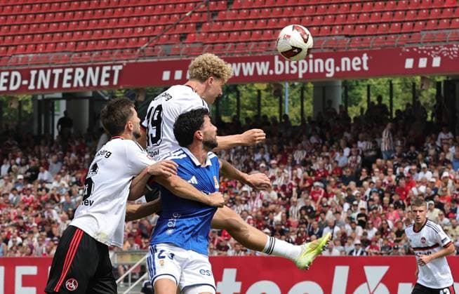 August 1, 2026 Soccer Season 2026–2027 Exhibition Match Friendly Match Preseason Match 1 FC Nürnberg Nuremberg FCN Club Real Oviedo Sports Photo Zink DaMa xdaxmax Piet Scobel 19, 1 FC Nuremberg FCN with a header