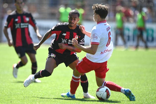 ARTHUR LEV vs. Ahmet ARSLAN RWE Action, Tackle, Soccer 1st Bundesliga, Friendly Match, testmatch, friendly match, Bayer Leverkusen LEV Rot Weiss Essen 3–0, on August 1, 2026, in Leverkusen, Germany. DFL regulations prohibit any use of photographs as image sequences and or quasi-video.