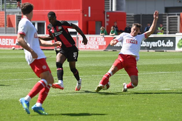 Christian KOFANE (LEV) vs. Luca BAZZOLI (RWE) Action, Tackle, Soccer 1. Bundesliga, Friendly Match, testmatch, friendly match, Bayer Leverkusen LEV vs. Rot Weiss Essen 3–0, on August 1, 2026, in Leverkusen, Germany. DFL regulations prohibit any use of photographs as image sequences and or quasi-video.